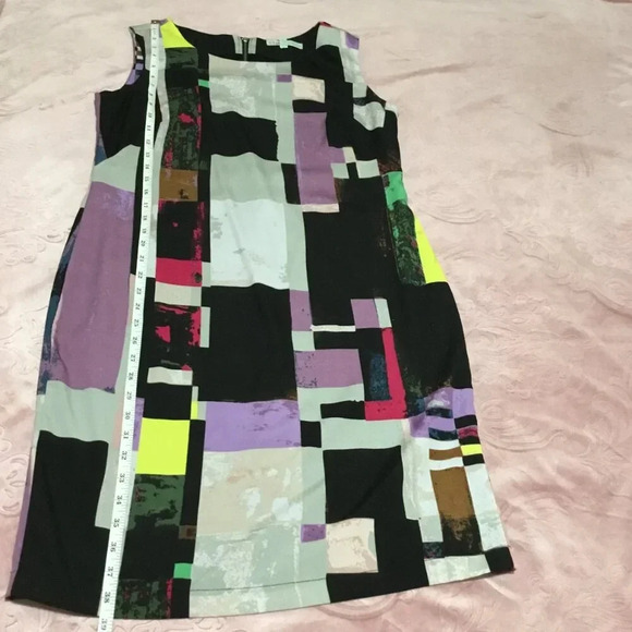 Cleo Petites Geometric Gray Purple Print Sheath Black Dress Sz 10 - Picture 6 of 11